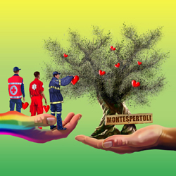 manifesto Volontariato in festa - un gruppo di volontari appende dei cuori rossi su un ulivo